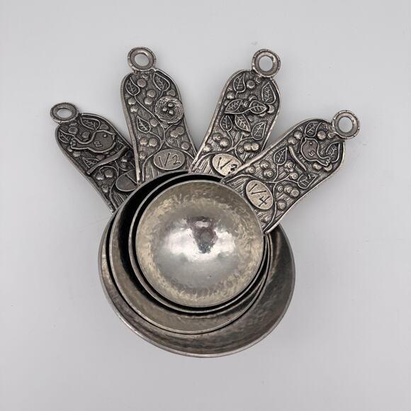 Crosby & Taylor Pewter Measuring Cup Set of 4 Hammered Bird Floral Kitchen Decor - Picture 1 of 8